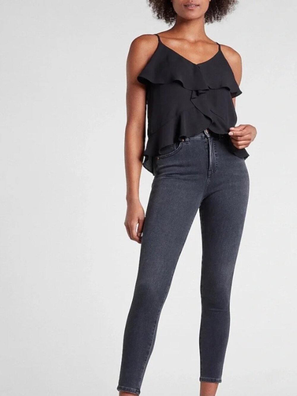 NWT Express Black V Neck Ruffle Cami Top w/ Adjustable Spaghetti Straps